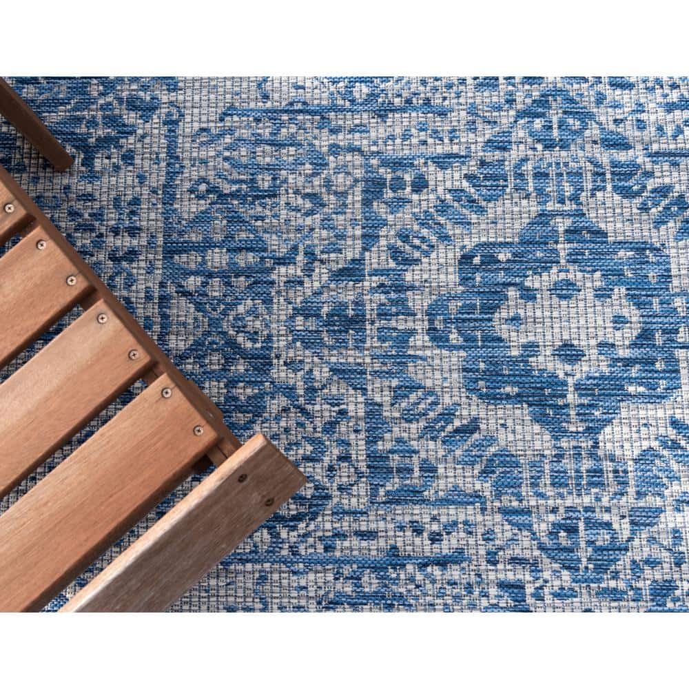 Blue Rectangular Stain-Resistant Outdoor Rug