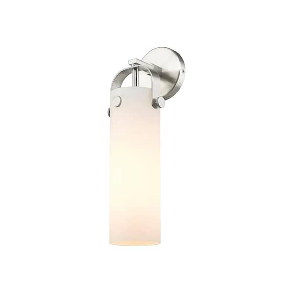 Pilaster 1-Light Satin Nickel Wall Sconce with White Glass Shade