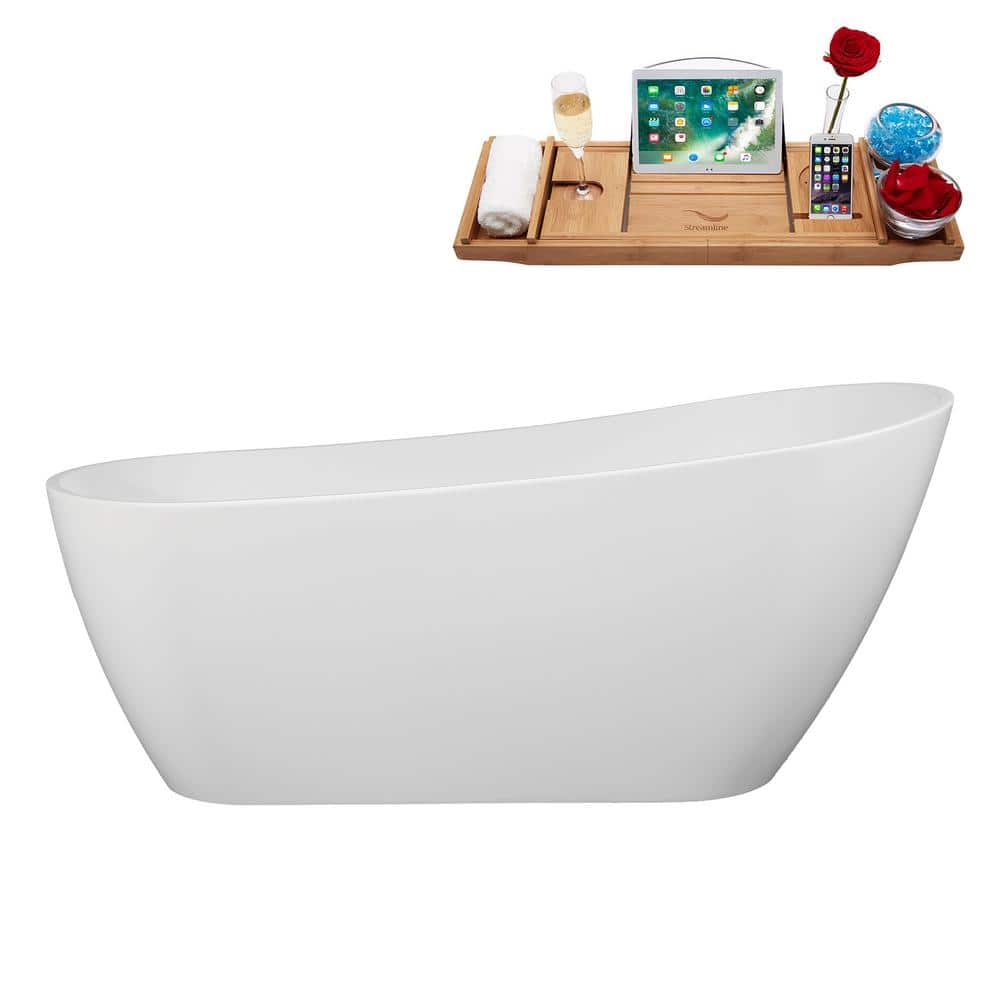 67" Glossy White Acrylic Freestanding Soaking Bathtub with Bamboo Tray