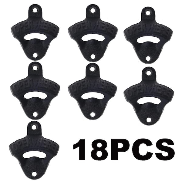 18-Pack Black Cast Iron Wall-Mounted Bottle Opener with Mounting Hardware Open Here Embossed Design