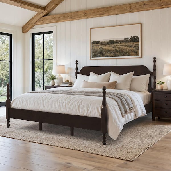 Farmhouse Morocco Brown Solid Wood Frame King Size Platform Bed Frame with Headboard and Spindle Posts