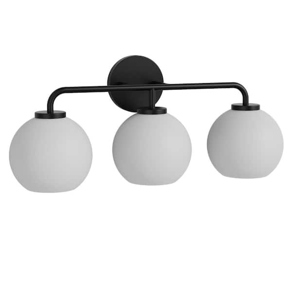 22.7 in. 3 Light Black Vanity Light with Milky White Striped Globe Shade for Bathroom Mirror Without Bulbs E26 Base