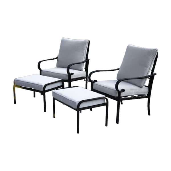 ITOPFOX 4-Piece Outdoor Black Metal Frame Patio Conversation Set with Sofa Chairs, Ottomans and Gray Cushions for Porch, Balcony