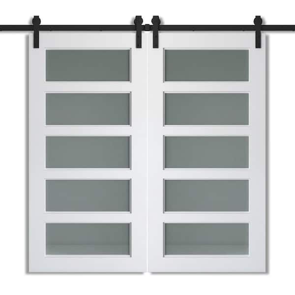 Urban Woodcraft 40 in. x 83 in. CHARLESTON White Modern Double Barn Door with Sliding Barn Door Hardware Kit