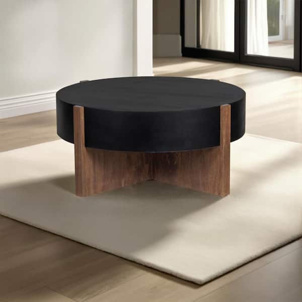 Naufe 41 in. Walnut Brown and Matte Black Round Wood Coffee Table with Cross Panel Legs