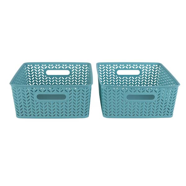 SIMPLIFY Dusty Blue Medium Herringbone Cube Storage Bin Basket