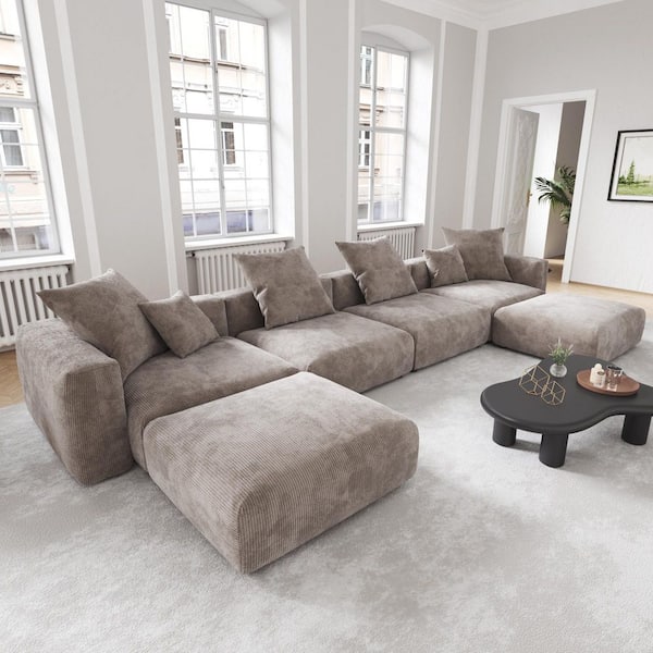 Modern 181 in. Square Arm 6-piece Modular Corduroy Sectional Sofa Oversized Combination U-shaped Floor Sofa in Brown