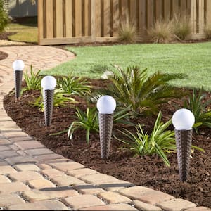 Pella Solar Brown Wicker Base with Frosted Globe Outdoor Landscape Integrated LED Pathway Light Set (4-Pack)