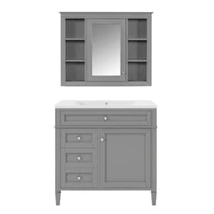 36 in. Modern Bath Vanity Storage Set with Single Top Sink, 2 Soft Closing-Doors, 4-Drawers and Mirror Cabinet, Gray