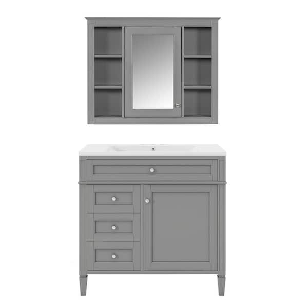 Adrinfly 36 in. Modern Bath Vanity Storage Set with Single Top Sink, 2 Soft Closing-Doors, 4-Drawers and Mirror Cabinet, Gray