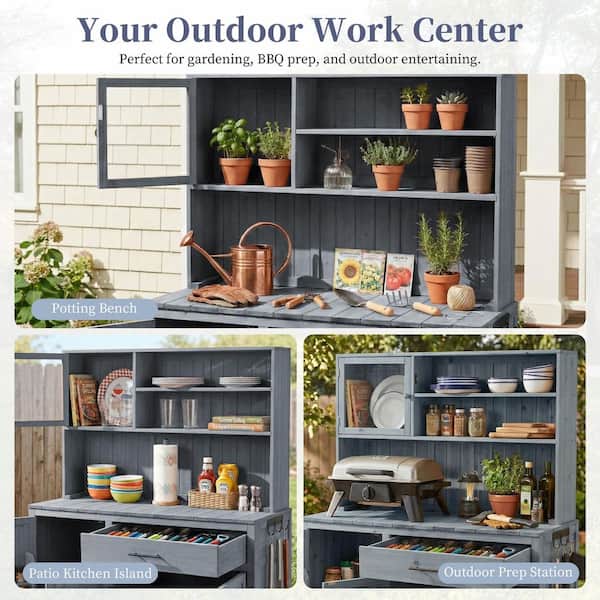 65 in. H Potting Bench with Hutch Fir Wood Garden Workstation w