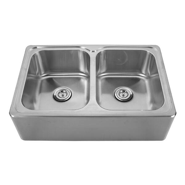 Whitehaus Collection Noah's Collection Farmhouse Apron Front Brushed Stainless Steel 33 in. 0-Hole Double Bowl Kitchen Sink