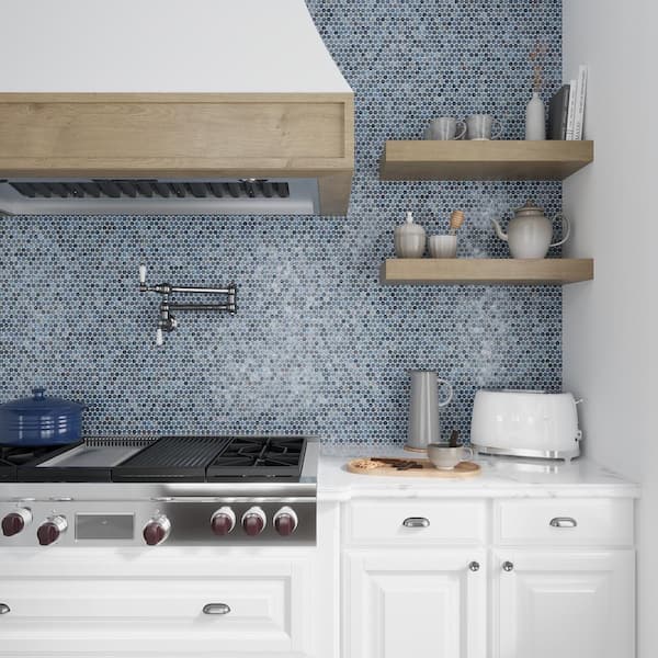 Gray and Blue 12.2 in. x 12.2 in. Polished Penny Round Glass Mosaic Floor and Wall Tile (10-Pack) (10.34 sq. ft./Case)