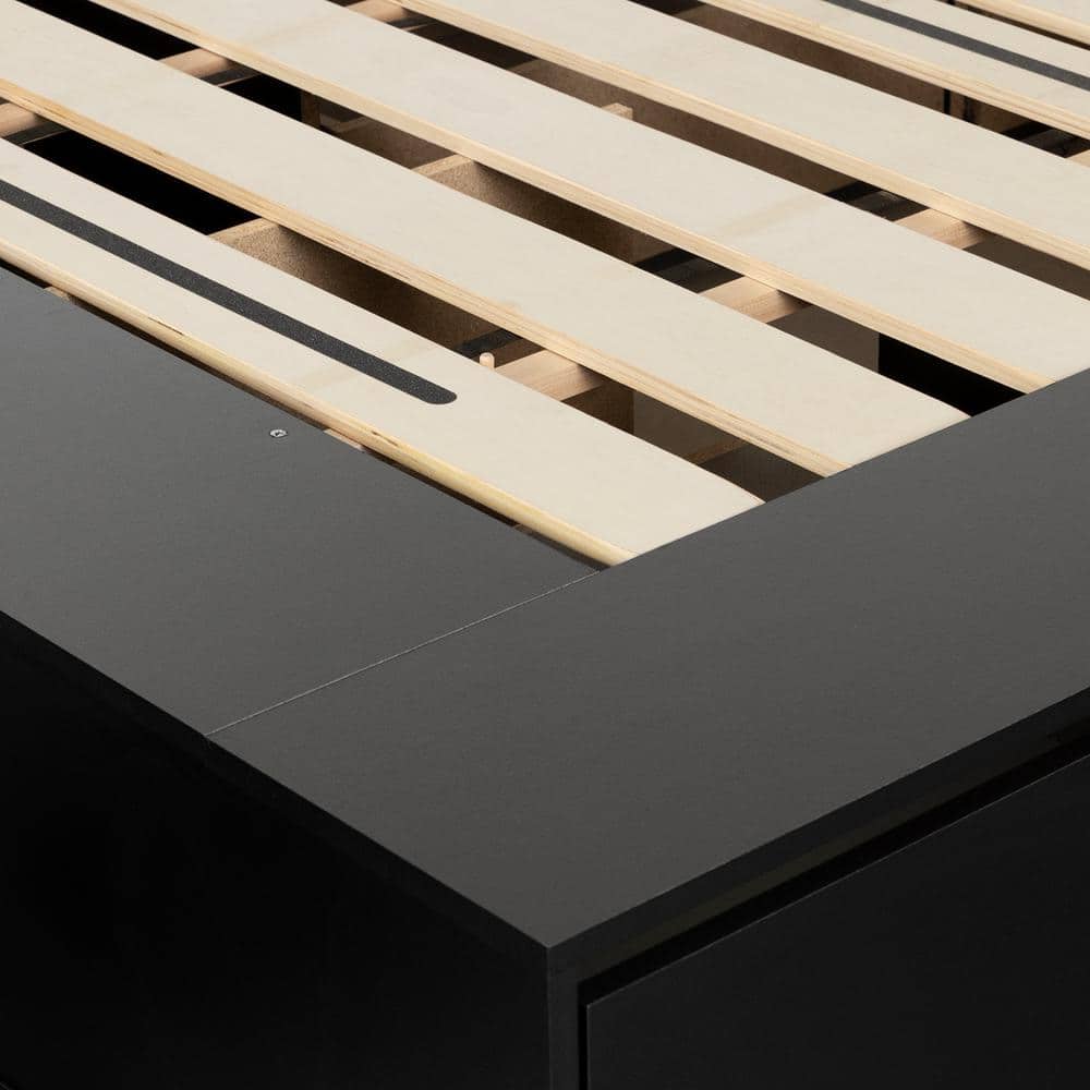 Queen Pure Black Wood Frame Upholstered Platform Bed with 6 Drawers