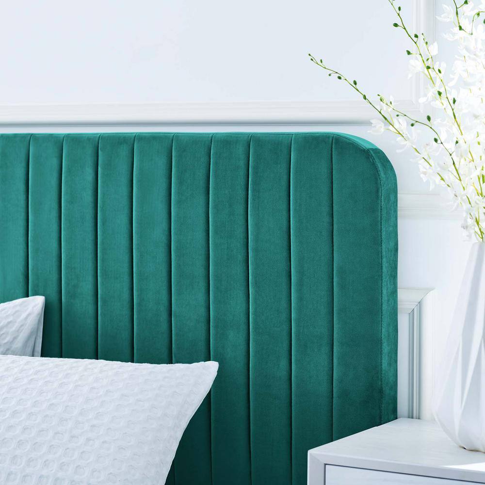 Luxe Glam Deco Teal Velvet Full Platform Bed with Channel Tufting