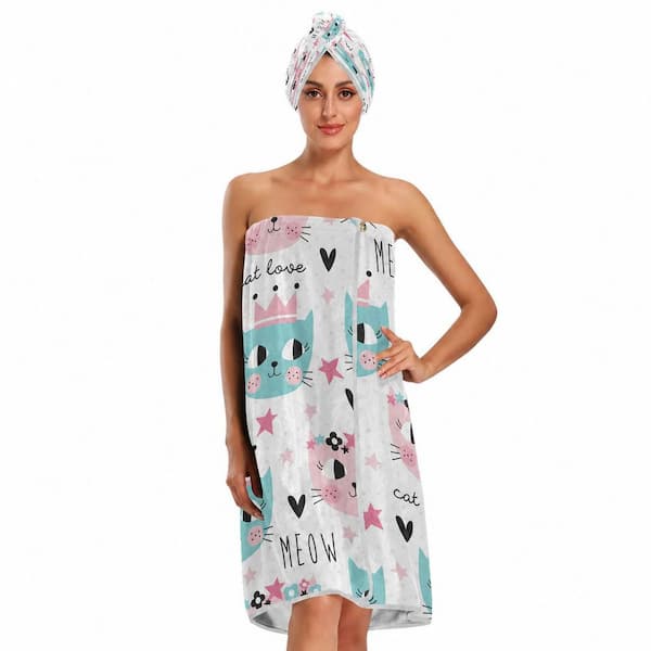 Colorful Cat Bath Towel Set with Dry Hair Cap, Headband and Adjustable Spa Wrap, Polyester