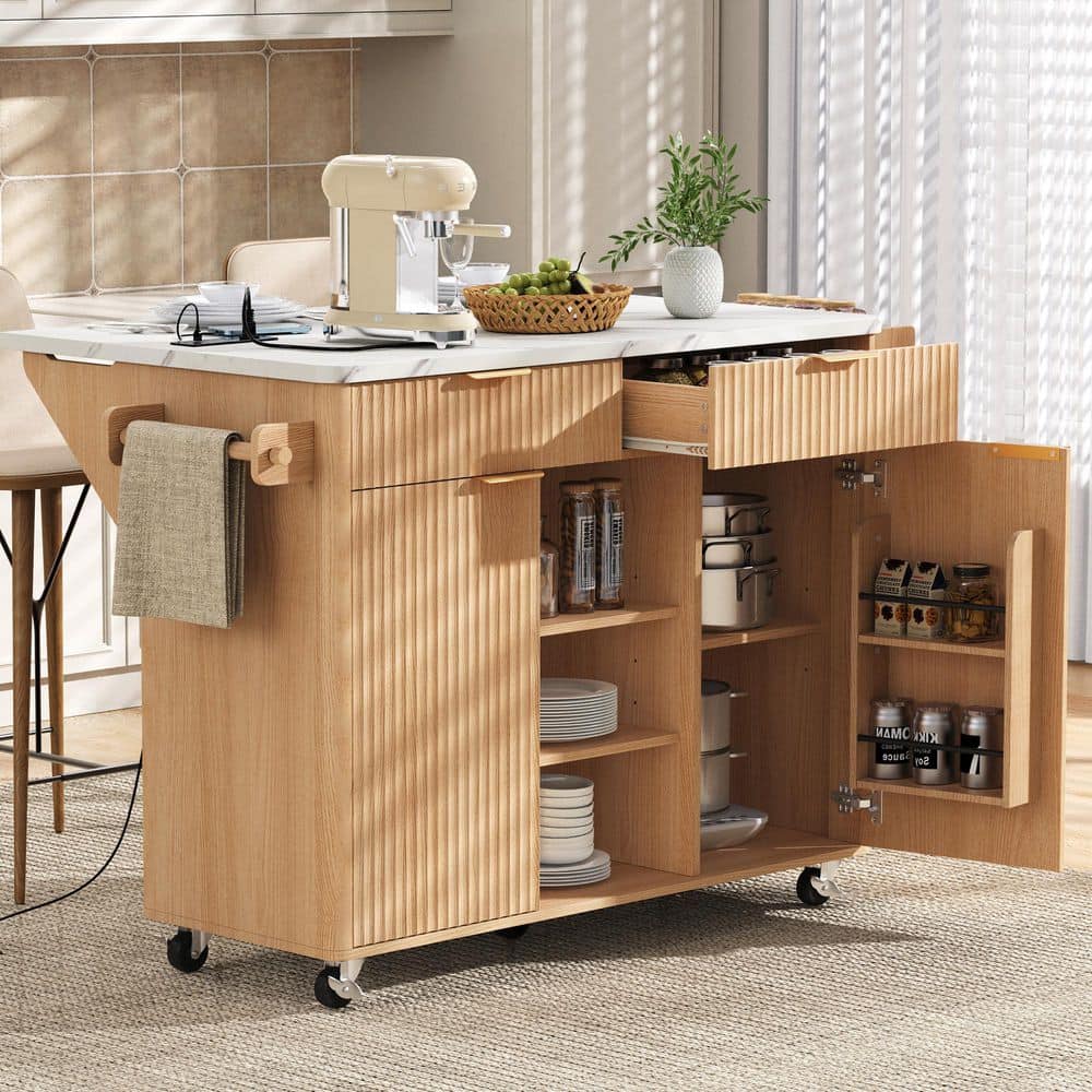 Natural Wood 52 in. W Rolling Kitchen Island with Power Outlet and