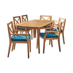 Llando Teak Brown 7-Piece Wood Outdoor Patio Dining Set with Blue Cushions