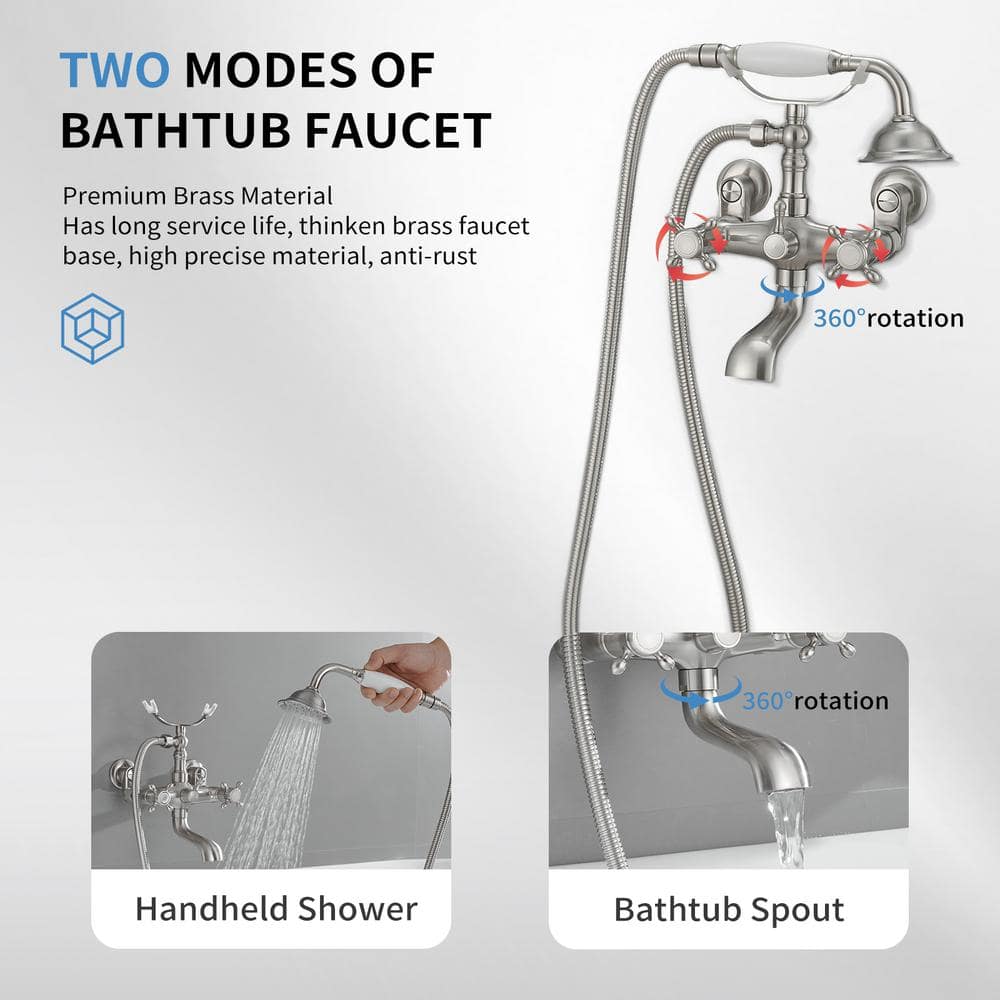 Brushed Nickel Double Handle Wall Mount Tub Faucet