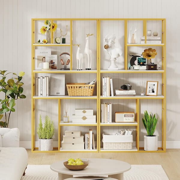 71 in. Tall Gold Wood 5 Tier Tall Bookshelf Bookcase with Open Storage Shelves Frame for Bedroom Office