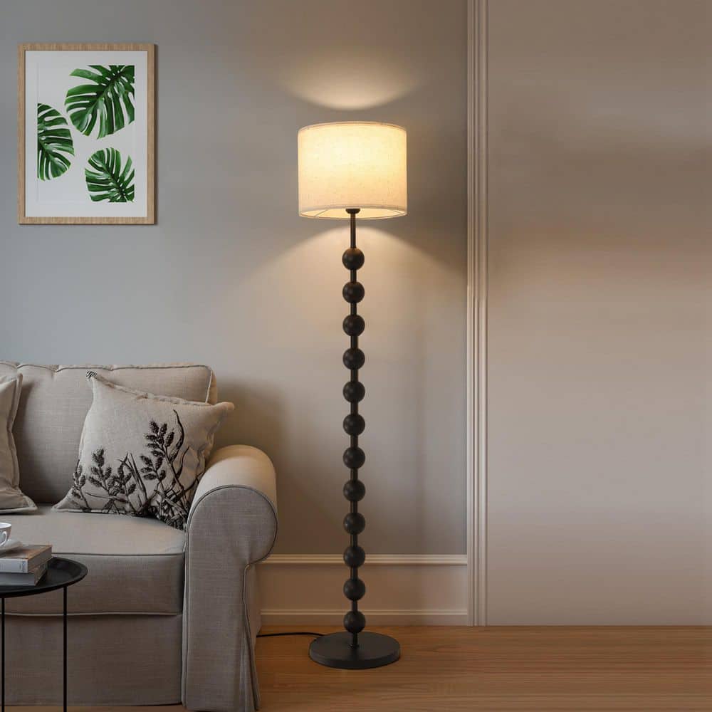 63 in. Black Standard Stacked Ball Pole Floor Lamp with Drum Linen Shade and Remote RGB E26 Bulb price history on PriceWatchPro