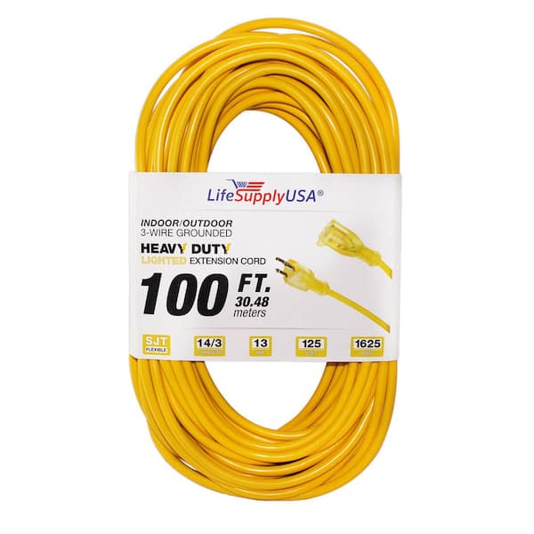 LifeSupplyUSA 100 ft. 14/3 SJT Full Copper 13 Amp 125-Volt 1625-Watt Lighted End Indoor/Outdoor Extension cord (2-Pack)