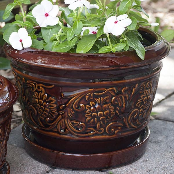 10" Brown Rustic Damask Glazed Ceramic Window Box Planter Weather Resistant Pot 