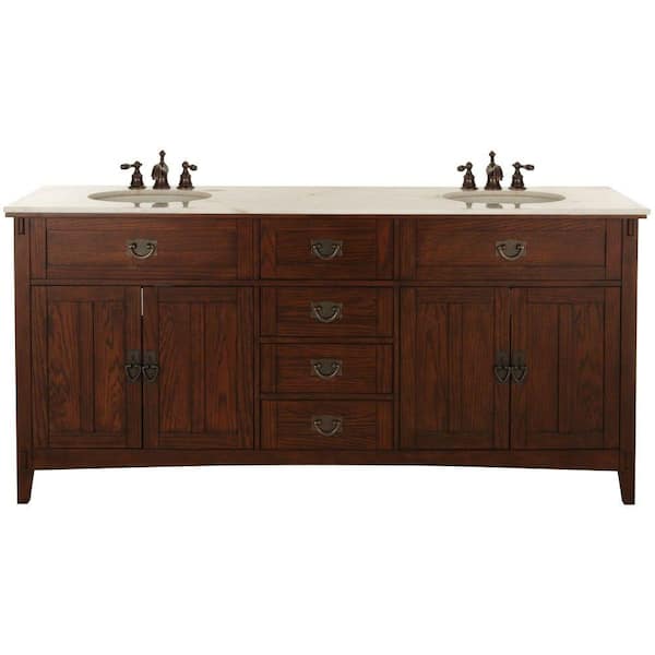 Home Decorators Collection Artisan 72 in. W Double Bath Vanity in Dark Oak with Natural Marble Vanity Top in White
