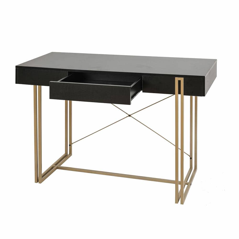 Modern Black Wood Desk with Gold Legs and Drawer