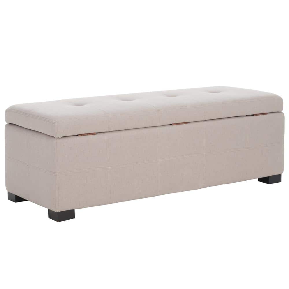 Large Beige Linen Tufted Storage Bench with Black Birch Wood
