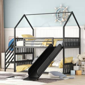 Black Twin Size Metal House Bunk Bed with Staircase and Slide