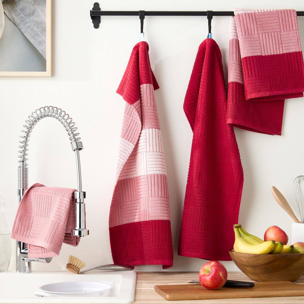 Red and Pink Cotton Terry Kitchen Towel Set, 16" x 28" (Set of 4)