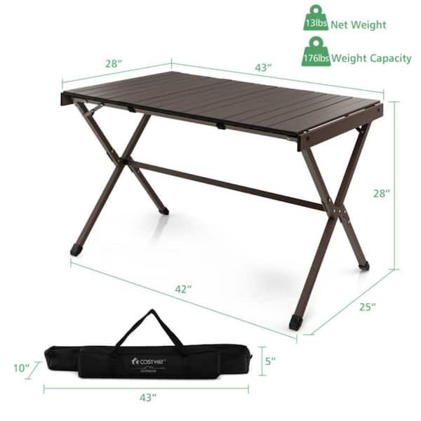 4-6 Person 43 in. Portable Rectangle Aluminum Roll-Up Camping Picnic Table in Brown with Carrying Bag