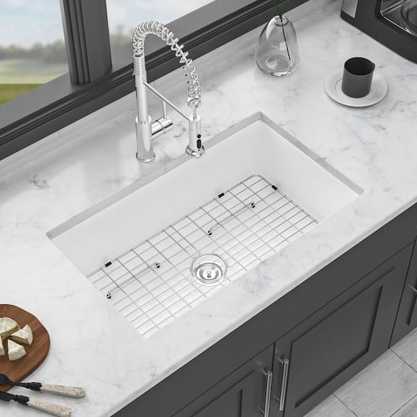 32 in. Undermount Single Bowl White Fireclay Kitchen Sink with Bottom Grids