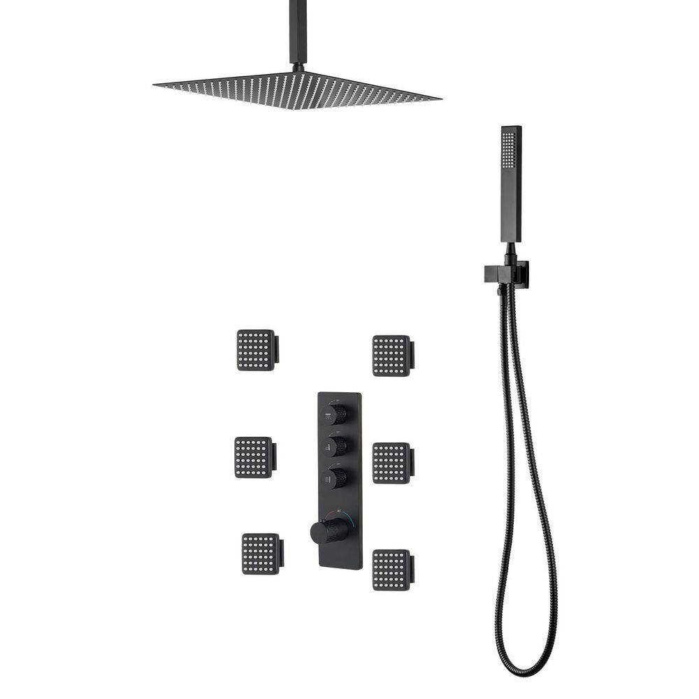 SKYSHALO 16 in. Thermostatic Ceiling Rain Shower System, Matte Black 3 ...