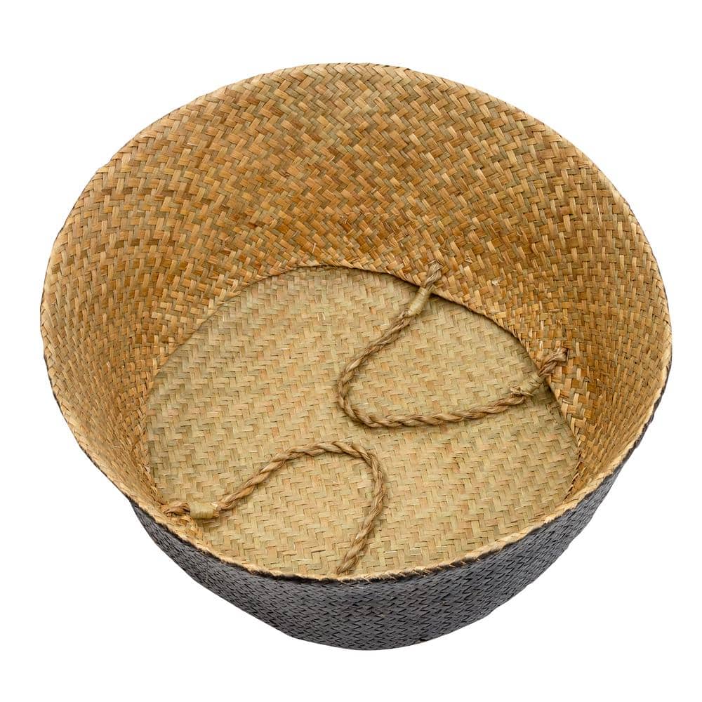 Modern Round Seagrass Folding Storage Baskets, Black & Natural