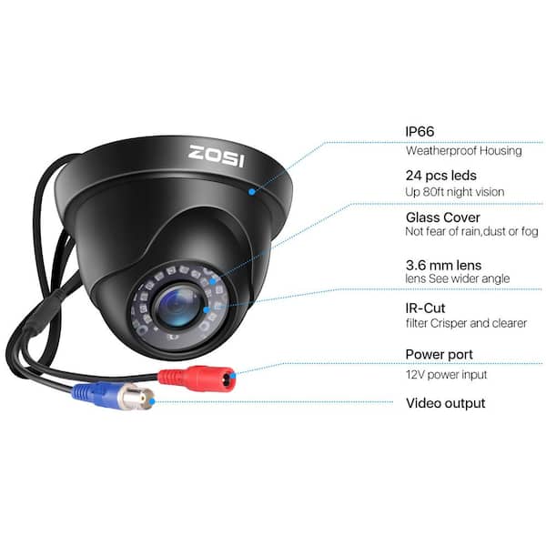 ZOSI Wired 1080p Black Indoor Dome TVI Security Camera Compatible