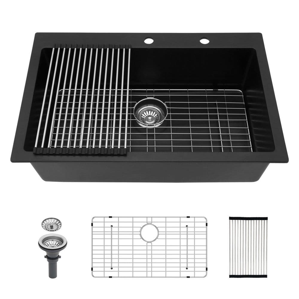 33 in. Drop-In Single Bowl Black Quartz Composite Kitchen Sink Bundle with Drying Rack and Accessories Included price history on PriceWatchPro