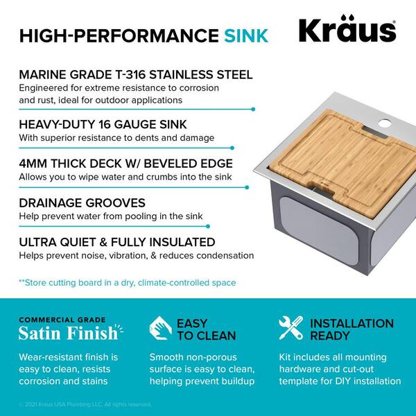 Kraus KWT321-15-316 Kore Outdoor Drop in Stainless Steel Square Single Sink