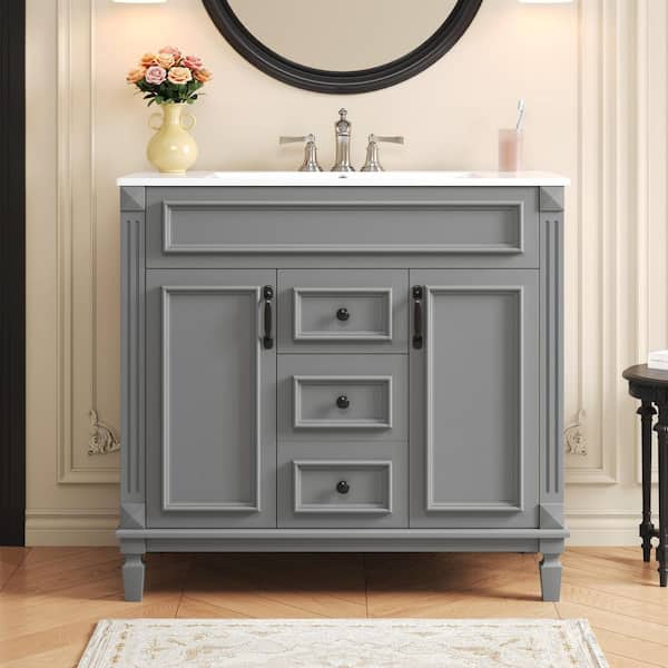 36 in. Single Sink Freestanding Gray Bath Vanity with White Ceramic Top, 2-Drawers and 2-Soft Closing Doors Unassembled