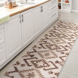 Sumak Brown/Ivory 2 ft. x 10 ft. High-Low Pile Neutral Diamond Kilim Indoor/Outdoor Area Rug