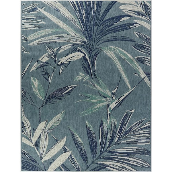 Palm Light Blue 5 ft. 3 in. x 7 ft. Indoor/Outdoor Patio Area Rug