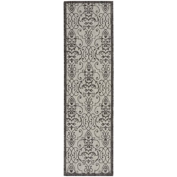 Nourison Garden Party Ivory/Charcoal 2 ft. x 8 ft. Kitchen Runner Bordered Transitional Indoor/Outdoor Patio Area Rug