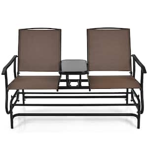 57 in. W 2-Person Metal Outdoor Glider Bench Double Rocker Chair with Center Table, Brown