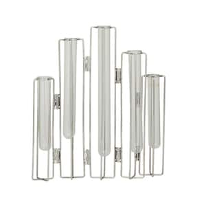 12 in. Silver Tube Glass Decorative Vase with Metal Stand