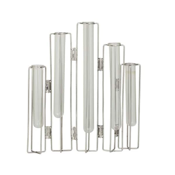 Litton Lane 12 in. Silver Tube Glass Decorative Vase with Metal Stand