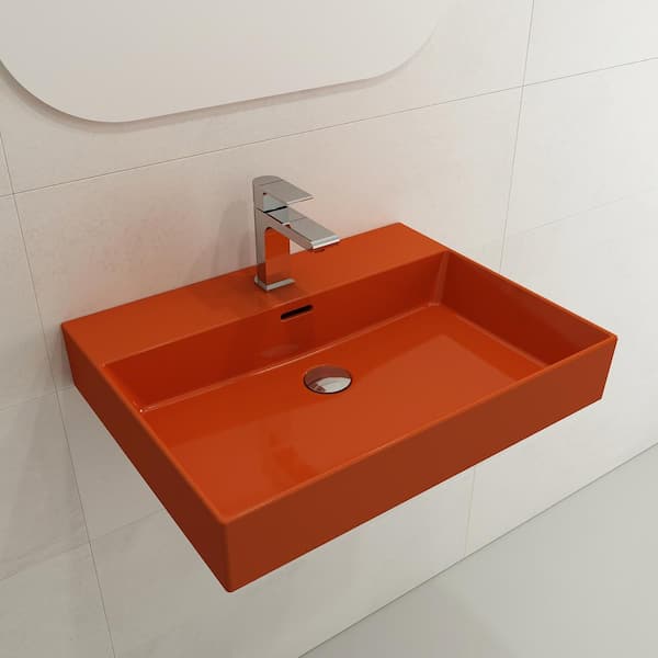 BOCCHI Milano Wall-Mounted Orange Fireclay Bathroom Sink 24 in. 1-Hole with Overflow