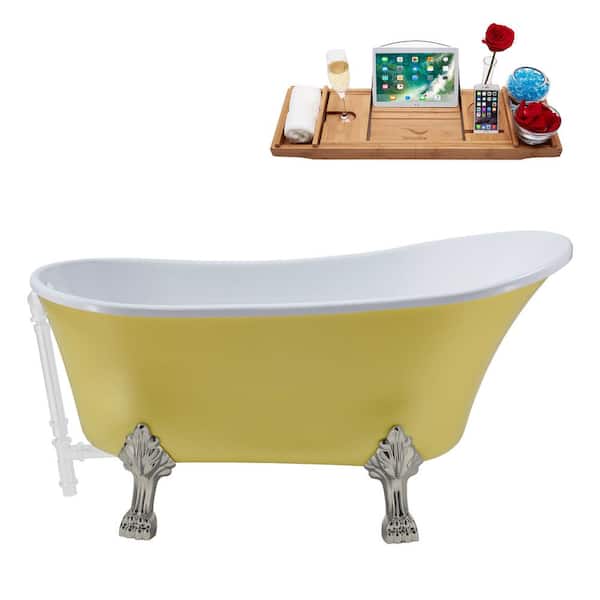 Streamline 55 in. Acrylic Clawfoot Non-Whirlpool Bathtub in Matte Yellow With Brushed Nickel Clawfeet And Glossy White Drain