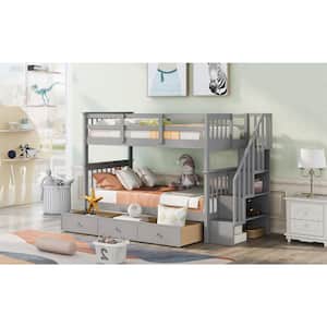 Gray Stairway Twin-Over-Twin Bunk Bed with 3-Drawers for Bedroom, Dorm