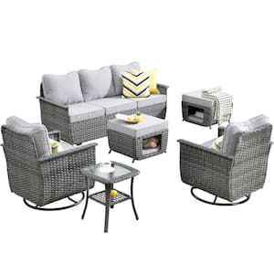 Sierra Black 6-Piece Wicker Pet Friendly Patio Conversation Sofa Set with Swivel Rocking Chairs and Light Grey Cushions